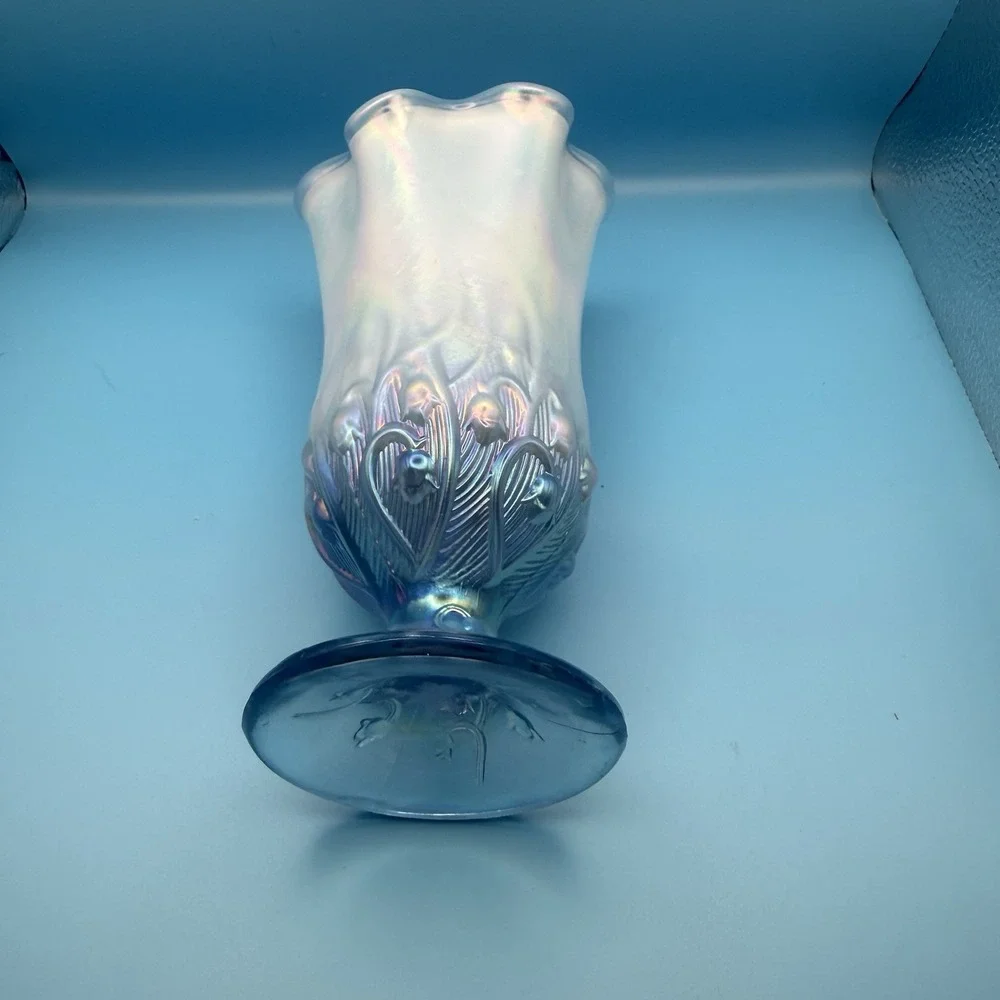 Vintage Iridescent Opalescent Art Glass Vase Blue Ruffled Rim Pedestal 8